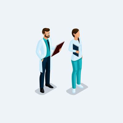 Isometric people, medical personnel, doctor, surgeon and nurse isolated on a light background. Vector illustration.